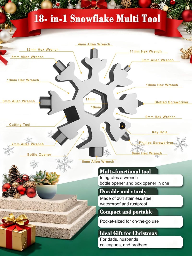 ZONICE 18-in-1 Snowflake Multi Tool – Stainless Steel with Bottle Opener & Wrench,Compact EDC Tool for Camping,Fishing,Hiking, Stocking Stuffers,Gifts for Men,Dad,Husband (Silver) - Image 3